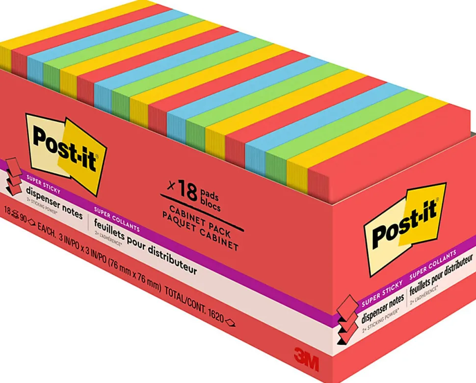 Post-it® Super Sticky Dispenser Notes, 1800 Total Notes, Pack Of 18 Pads, 3" x 3", Playful Primaries Collection, 100 Notes Per Pad