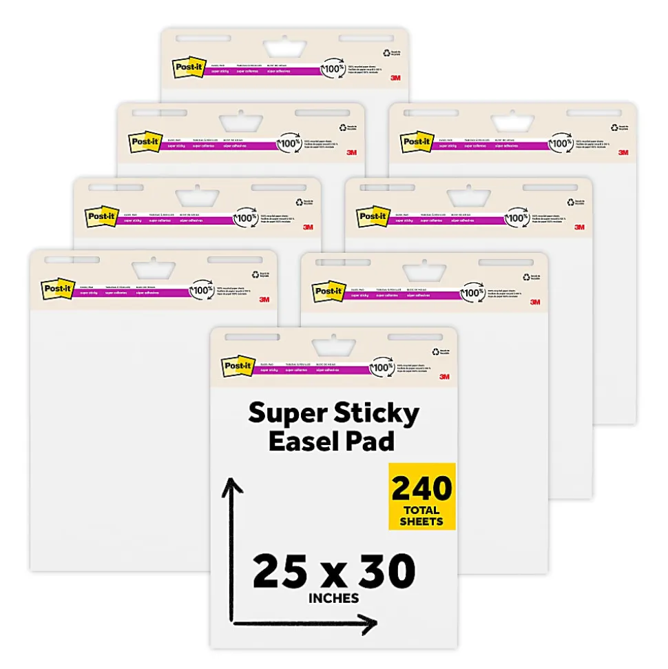 Post-it® Super Sticky Easel Pads, 25" x 30", 8 Pads, 30 Sheets/Pad, 30% Recycled, School Supplies for Classrooms, White