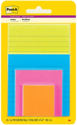 Post-it® Super Sticky Notes, Assorted Sizes, 4 Sticky Note Pads, 45 Sheets/Pad, 2X the Sticking Power, School and Office Supplies, Energy Boost