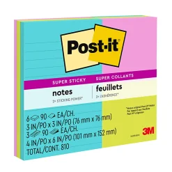 Post-it® Super Sticky Notes, Assorted Sizes, 9 Lined and Unlined Pads, 90 Sheets/Pad, 2X the Sticking Power, School and Office Supplies