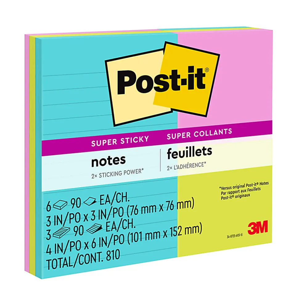 Post-it® Super Sticky Notes, Assorted Sizes, 9 Lined and Unlined Pads, 90 Sheets/Pad, 2X the Sticking Power, School and Office Supplies