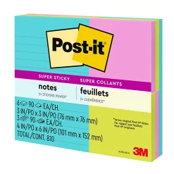Post-it® Super Sticky Notes, Assorted Sizes, 9 Lined and Unlined Pads, 90 Sheets/Pad, 2X the Sticking Power, School and Office Supplies