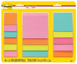 Post-it® Super Sticky Notes, Assorted Sizes, 15 Sticky Note Pads, 45 Sheets/Pad, 2X the Sticking Power, School and Office Supplies, Supernova Neons