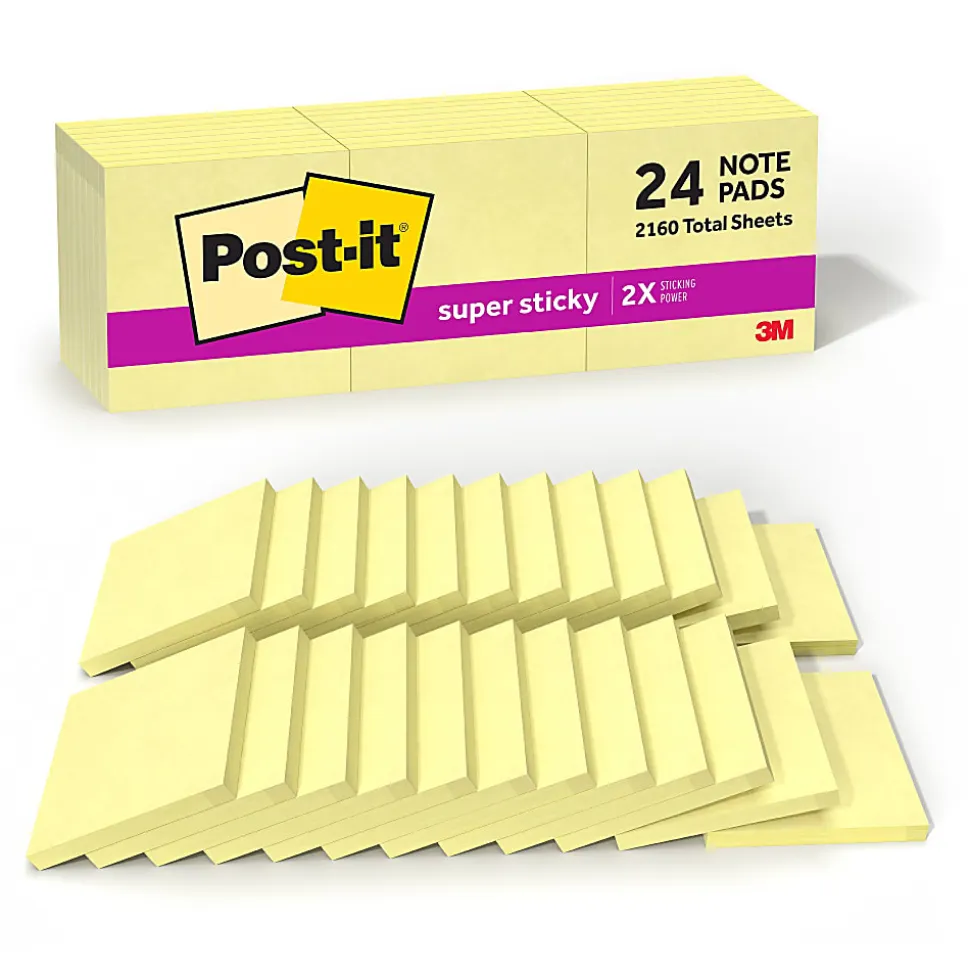 Post-it® Super Sticky Notes, 3 in x 3 in, 24 Pads, 90 Sheets/Pad, 2x the Sticking Power, Canary Yellow