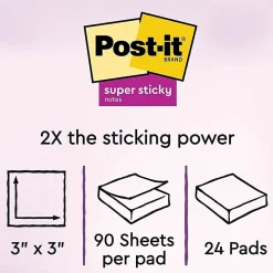 Post-it® Super Sticky Notes, 3 in x 3 in, 24 Pads, 90 Sheets/Pad, 2x the Sticking Power, Canary Yellow