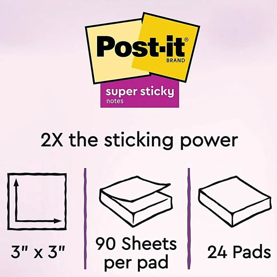 Post-it® Super Sticky Notes, 3 in x 3 in, 24 Pads, 90 Sheets/Pad, 2x the Sticking Power, Canary Yellow