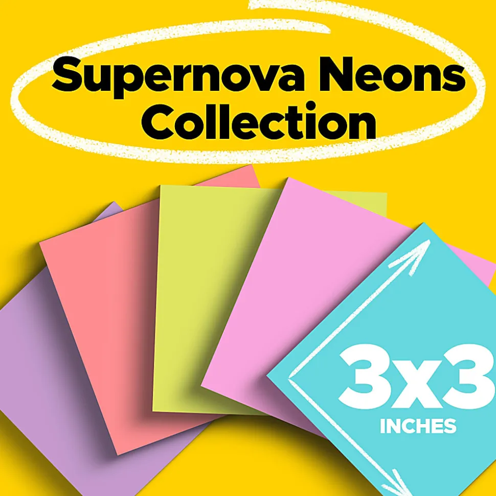 Post-it® Super Sticky Notes, 3 in. x 3 in., Supernova Neons Collection, 6 Pads/Pack, 70 Sheets/Pad