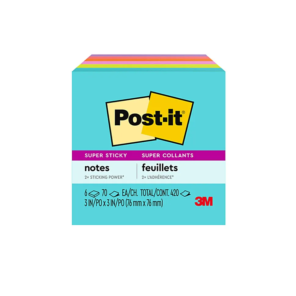 Post-it® Super Sticky Notes, 3 in. x 3 in., Supernova Neons Collection, 6 Pads/Pack, 70 Sheets/Pad