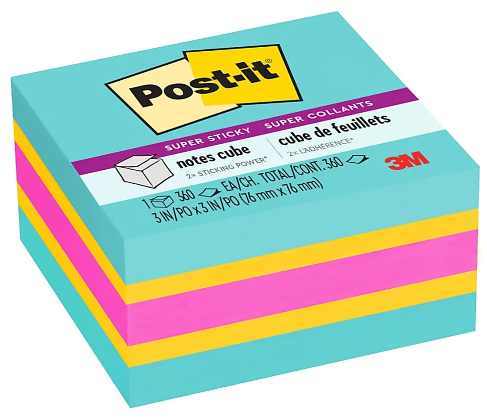 Post-it® Super Sticky Notes, 3 x 3 in, 1 Cube Notes Pad, 360 Sheets/Pad, 2X the Sticking Power, School and Office Supplies, Assorted Bright Colors