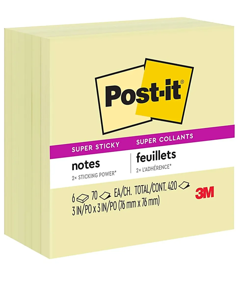 Post-it® Super Sticky Notes, 3 x 3 in, 6 Sticky Note Pads, 70 Sheets/Pad, 2X the Sticking Power, School Supplies and Office Products, Canary Yellow