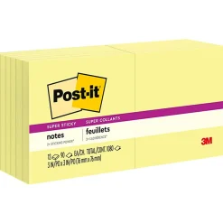 Post-it® Super Sticky Notes, 3 x 3 in, 12 Sticky Note Pads, 90 Sheets/Pad, 2X the Sticking Power, School Supplies and Office Products, Canary Yellow