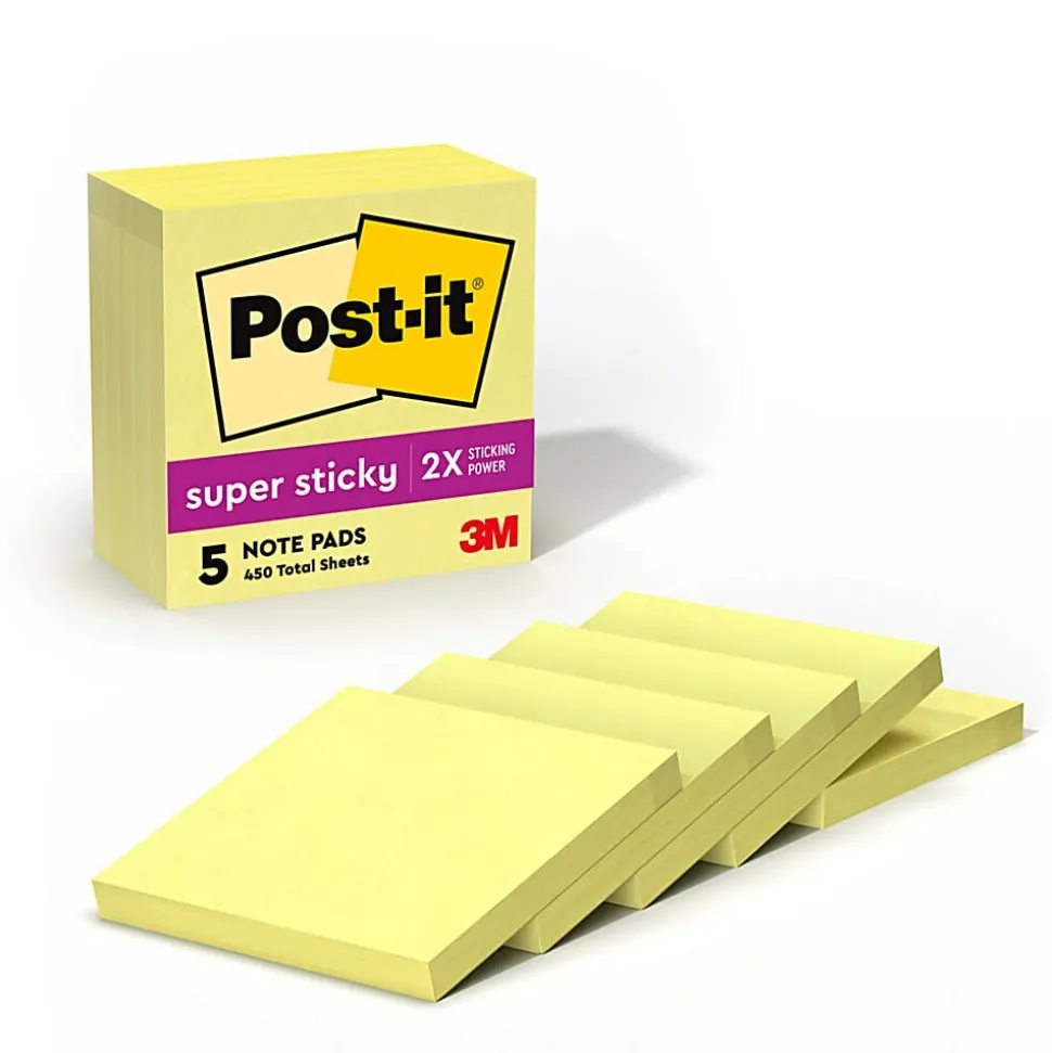 Post-it® Super Sticky Notes, 3 x 3 in, 5 Sticky Note Pads, 90 Sheets/Pad, 2X the Sticking Power, School Supplies and Office Products, Canary Yellow
