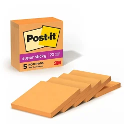 Post-it® Super Sticky Notes, 3 x 3 in, 5 Sticky Note Pads, 90 Sheets/Pad, 2X the Sticking Power, School Supplies and Office Products, Neon Orange