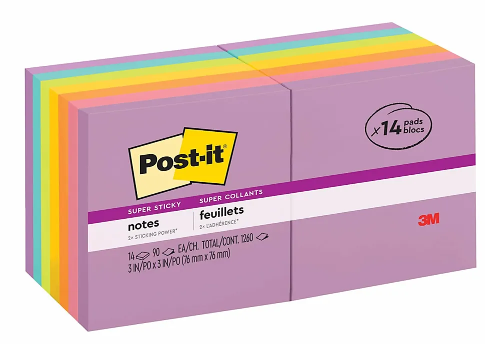 Post-it® Super Sticky Notes, 3 x 3 in, 18 Sticky Note Pads, 90 Sheets/Pad, 2X the Sticking Power, School and Office Supplies, Assorted Colors