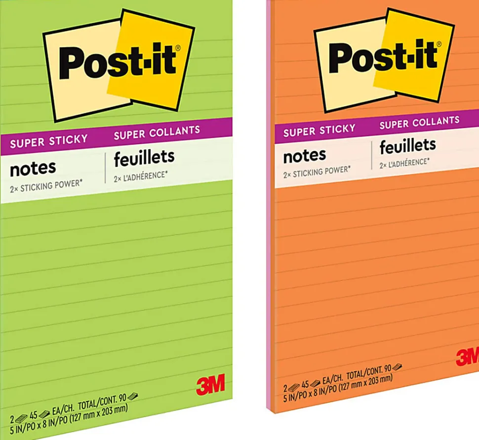Post-it® Super Sticky Notes, 5 x 8 in, 2 Lined Sticky Note Pads, 45 Sheets/Pad, 2X the Sticking Power, School and Office Supplies, Energy Boost