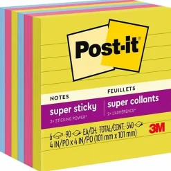 Post-it® Super Sticky Notes, 4 x 4 in, 6 Lined Sticky Note Pads, 90 Sheets/Pad, 2X the Sticking Power, School Supplies and Office Products, Summer Joy