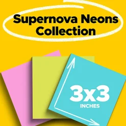 Post-it® Super Sticky Notes, 3 x 3 in, 3 Sticky Note Pads, 45 Sheets/Pad, 2X the Sticking Power, School Supplies and Office Products, Supernova Neons
