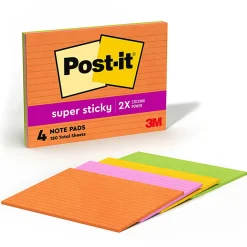Post-it® Super Sticky Notes, 6 x 8 in, 4 Lined Sticky Note Pads, 45 Sheets/Pad, 2X the Sticking Power, School and Office Supplies, Energy Boost