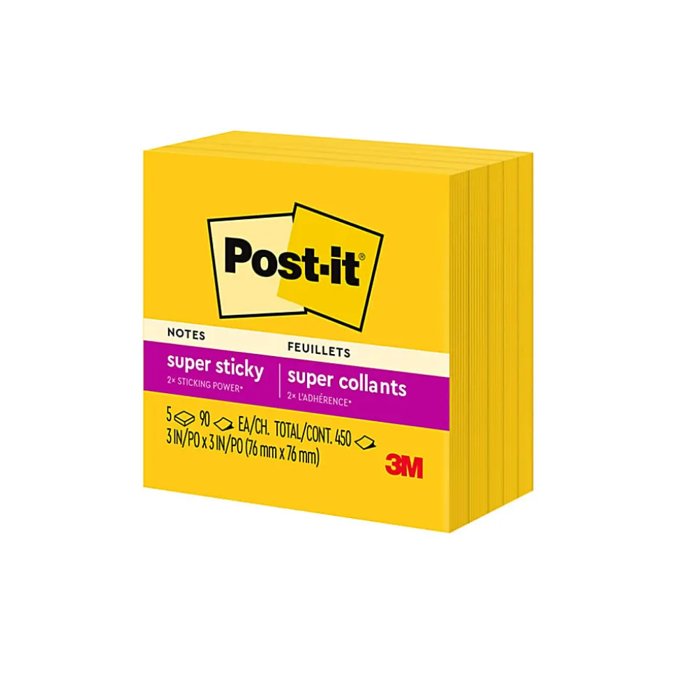 Post-it® Super Sticky Notes, 3 x 3 in, 5 Sticky Note Pads, 90 Sheets/Pad, School Supplies and Office Products, Notes for Vertical Surfaces, Sunnyside