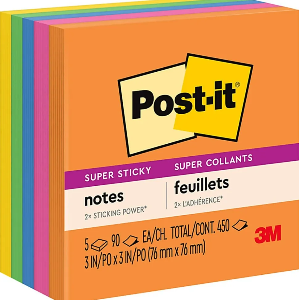 Post-it® Super Sticky Notes, 3 x 3 in, 5 Sticky Note Pads, 90 Sheets/Pad, 2X the Sticking Power, School Supplies and Office Products, Energy Boost