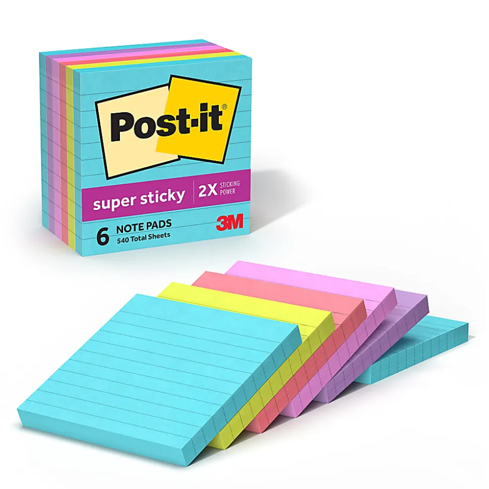 Post-it® Super Sticky Notes, 4 x 4 in, 6 Lined Sticky Note Pads, 90 Sheets/Pad, 2X the Sticking Power, School and Office Supplies, Supernova Neons