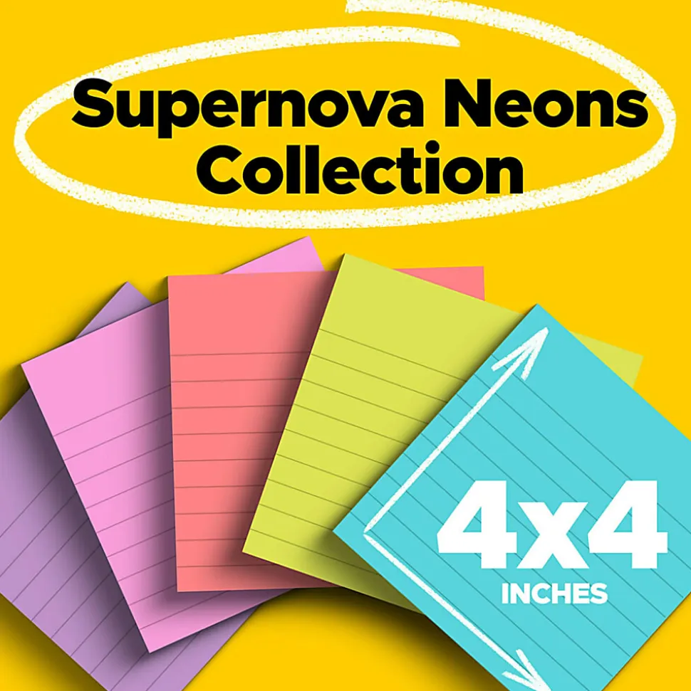 Post-it® Super Sticky Notes, 4 x 4 in, 6 Lined Sticky Note Pads, 90 Sheets/Pad, 2X the Sticking Power, School and Office Supplies, Supernova Neons
