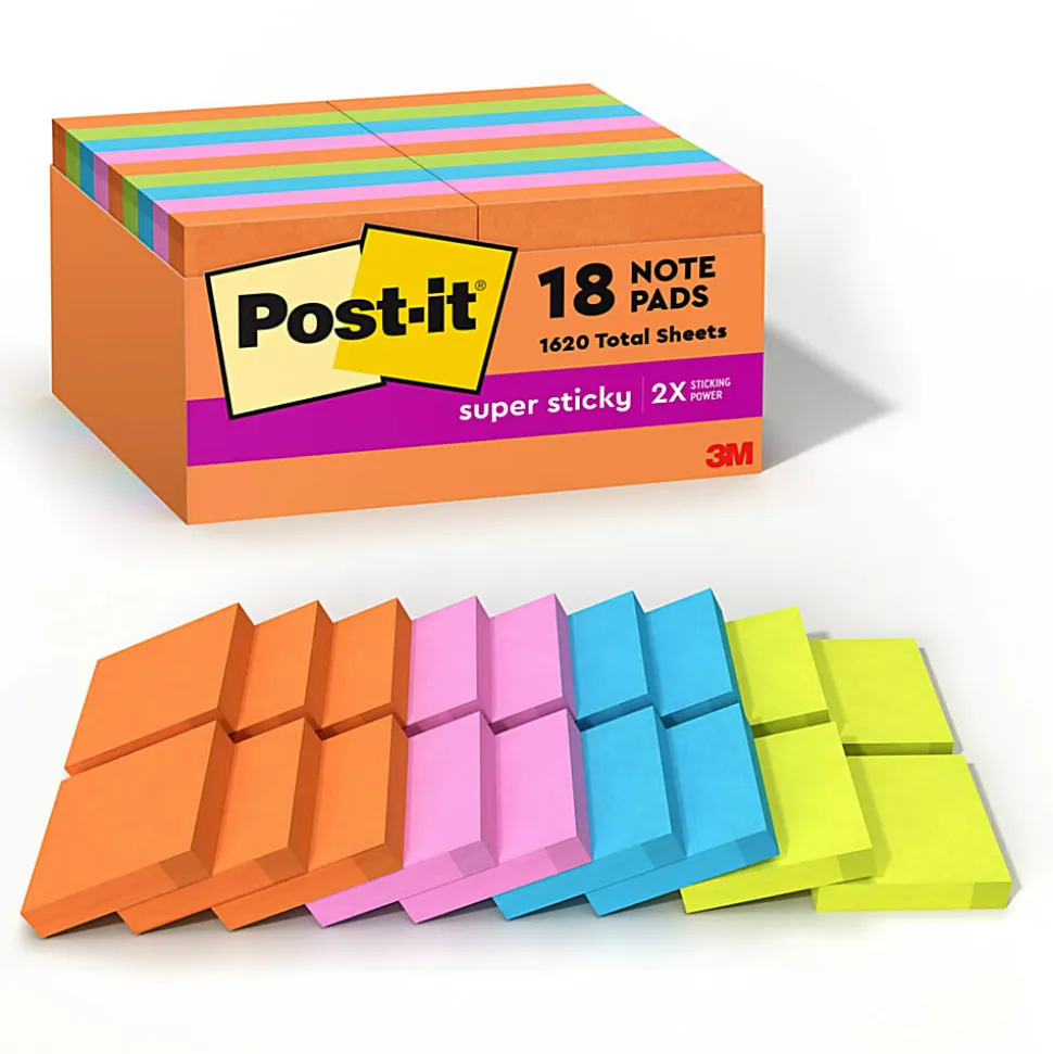 Post-it® Super Sticky Notes, 1.88 x 1.88 in, 18 Mini Sticky Note Pads, 90 Sheets/Pad, 2X the Sticking Power, School and Office Supplies, Energy Boost