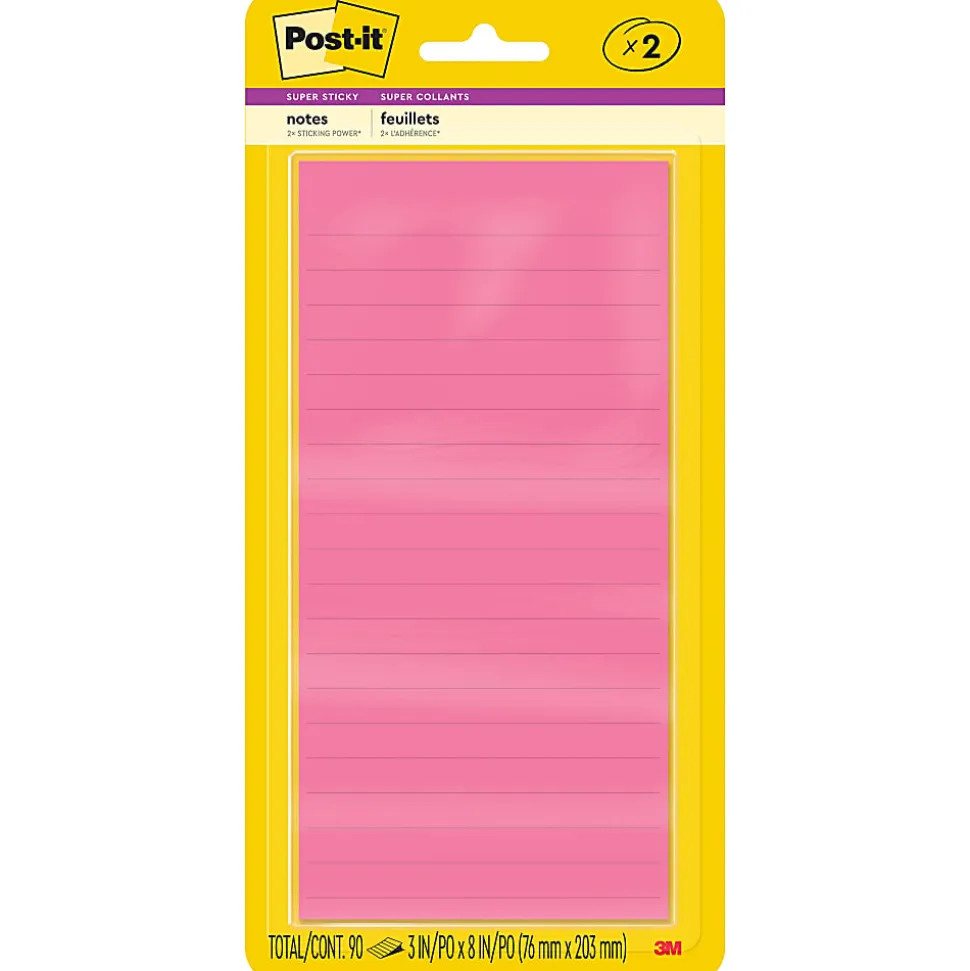 Post-it® Super Sticky Notes, 3 x 8 in, 2 Lined Sticky Note Pads, 45 Sheets/Pad, 2X the Sticking Power, School and Office Supplies, Energy Boost