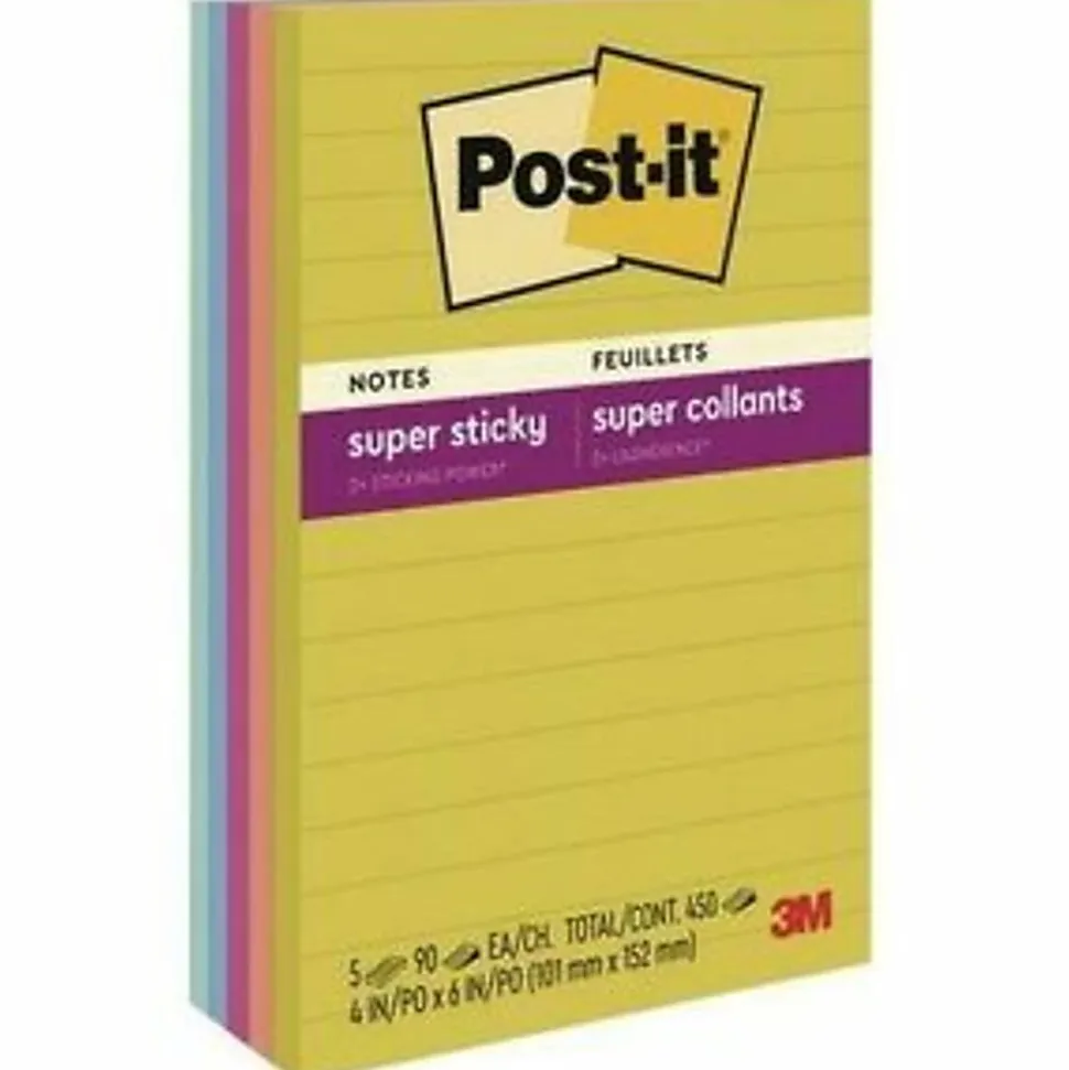 Post-it® Super Sticky Notes, 4 x 6 in, 5 Lined Sticky Note Pads, 90 Sheets/Pad, 2X the Sticking Power, School Supplies and Office Products, Summer Joy