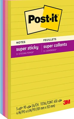 Post-it® Super Sticky Notes, 4 x 6 in, 5 Lined Sticky Note Pads, 90 Sheets/Pad, 2X the Sticking Power, School Supplies and Office Products, Summer Joy