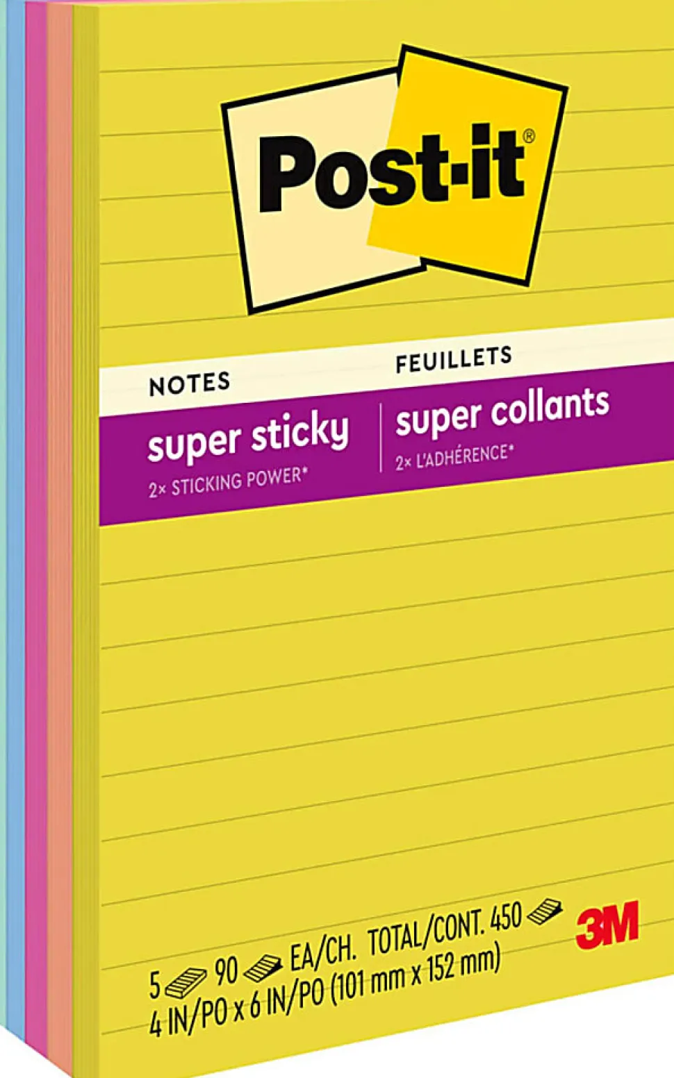 Post-it® Super Sticky Notes, 4 x 6 in, 5 Lined Sticky Note Pads, 90 Sheets/Pad, 2X the Sticking Power, School Supplies and Office Products, Summer Joy