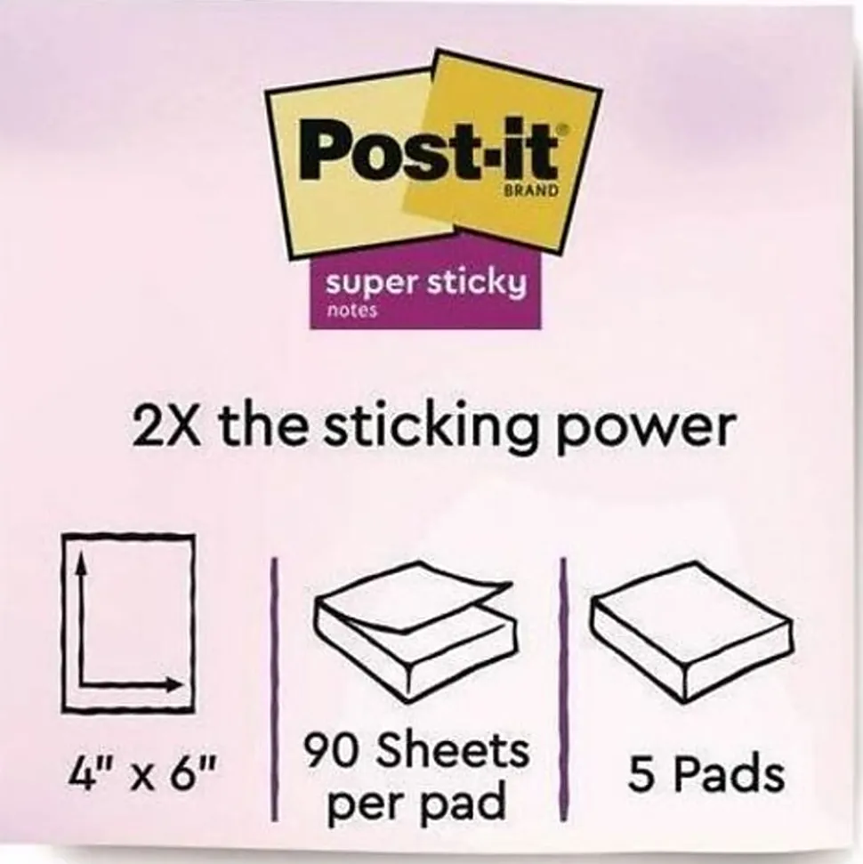 Post-it® Super Sticky Notes, 4 x 6 in, 5 Lined Sticky Note Pads, 90 Sheets/Pad, 2X the Sticking Power, School Supplies and Office Products, Summer Joy
