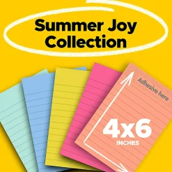Post-it® Super Sticky Notes, 4 x 6 in, 5 Lined Sticky Note Pads, 90 Sheets/Pad, 2X the Sticking Power, School Supplies and Office Products, Summer Joy