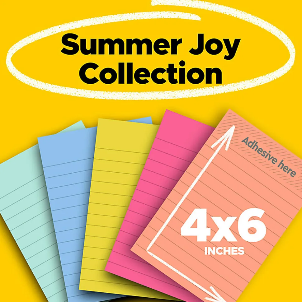 Post-it® Super Sticky Notes, 4 x 6 in, 5 Lined Sticky Note Pads, 90 Sheets/Pad, 2X the Sticking Power, School Supplies and Office Products, Summer Joy