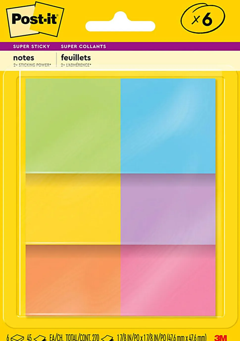 Post-it® Super Sticky Notes, 1.88 x 1.88 in, 6 Sticky Note Pads, 45 Sheets/Pad, 2X the Sticking Power, School Supplies, Energy Boost