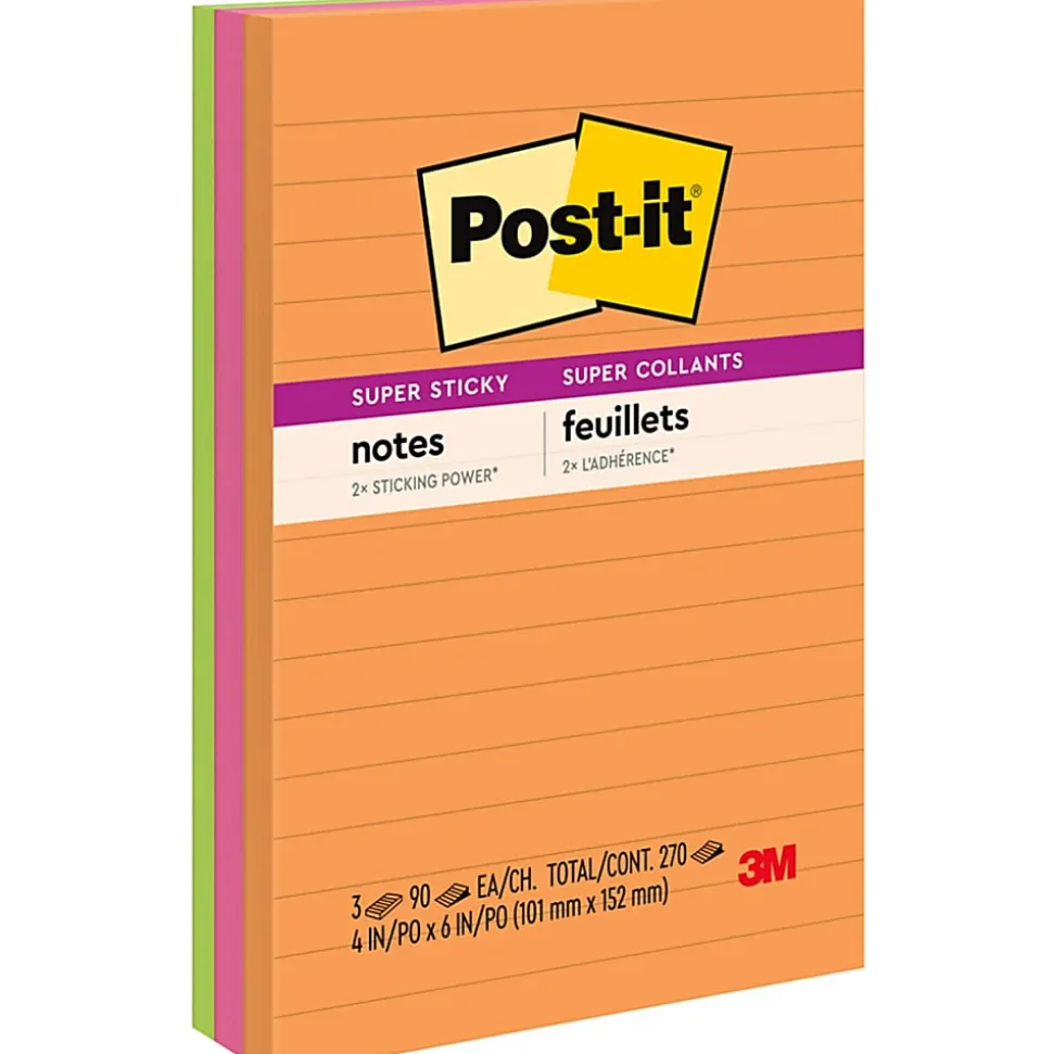 Post-it® Super Sticky Notes, 4 x 6 in, 3 Lined Sticky Note Pads, 90 Sheets/Pad, 2X the Sticking Power, School Supplies and Office Products