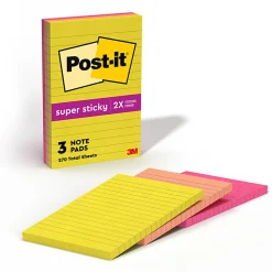 Post-it® Super Sticky Notes, 4 x 6 in, 3 Lined Sticky Note Pads, 90 Sheets/Pad, 2X the Sticking Power, School Supplies and Office Products, Summer Joy