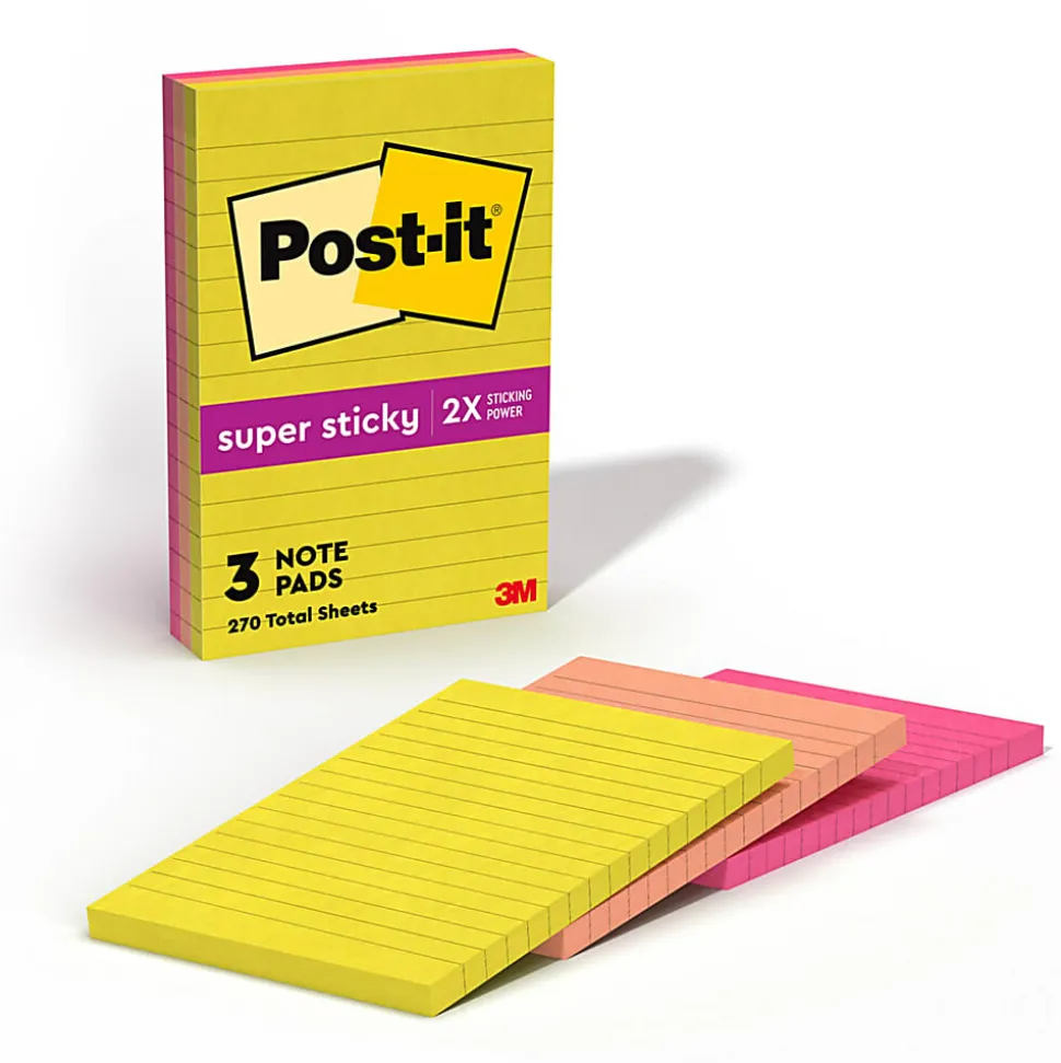 Post-it® Super Sticky Notes, 4 x 6 in, 3 Lined Sticky Note Pads, 90 Sheets/Pad, 2X the Sticking Power, School Supplies and Office Products, Summer Joy