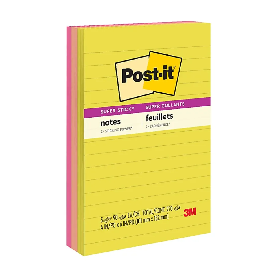 Post-it® Super Sticky Notes, 4 x 6 in, 3 Lined Sticky Note Pads, 90 Sheets/Pad, 2X the Sticking Power, School Supplies and Office Products, Summer Joy