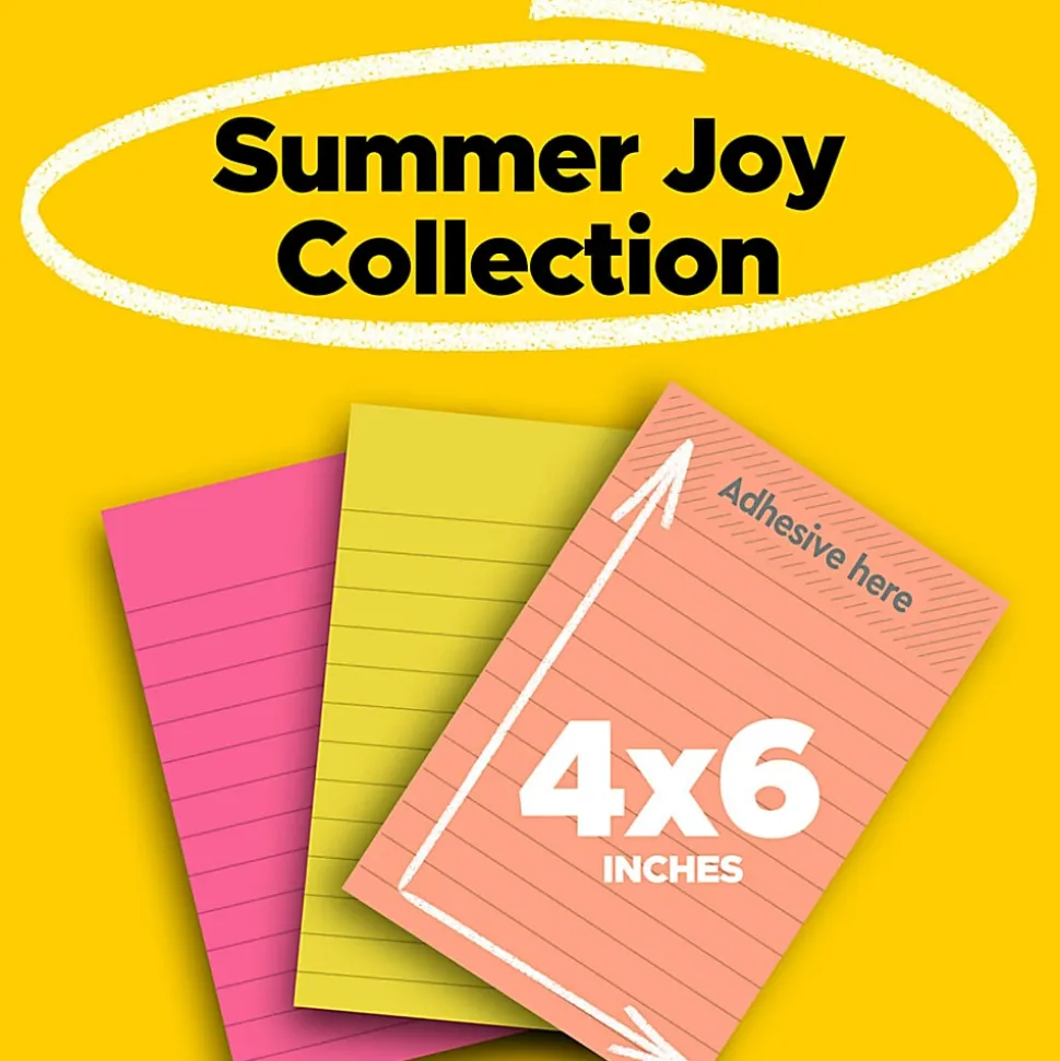 Post-it® Super Sticky Notes, 4 x 6 in, 3 Lined Sticky Note Pads, 90 Sheets/Pad, 2X the Sticking Power, School Supplies and Office Products, Summer Joy