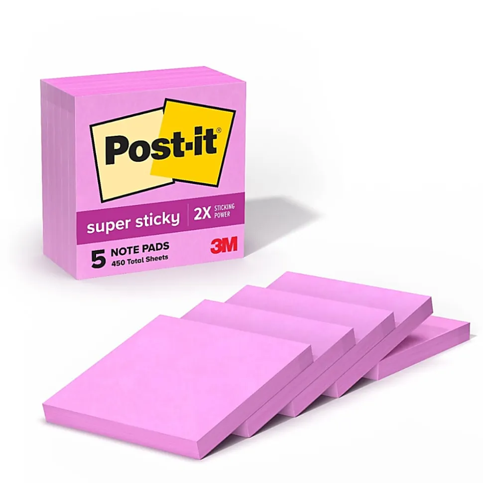Post-it® Super Sticky Notes, 3 x 3 in, 5 Sticky Note Pads, 90 Sheets/Pad, 2X the Sticking Power, School Supplies and Office Products, Tropical Pink