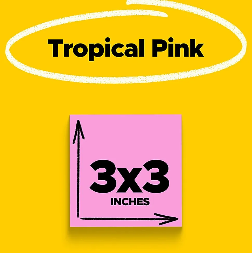 Post-it® Super Sticky Notes, 3 x 3 in, 5 Sticky Note Pads, 90 Sheets/Pad, 2X the Sticking Power, School Supplies and Office Products, Tropical Pink
