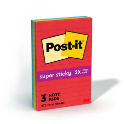 Post-it® Super Sticky Notes, 4" x 6", Playful Primaries Collection, Lined, 90 Sheets, Pack Of 3 Pads