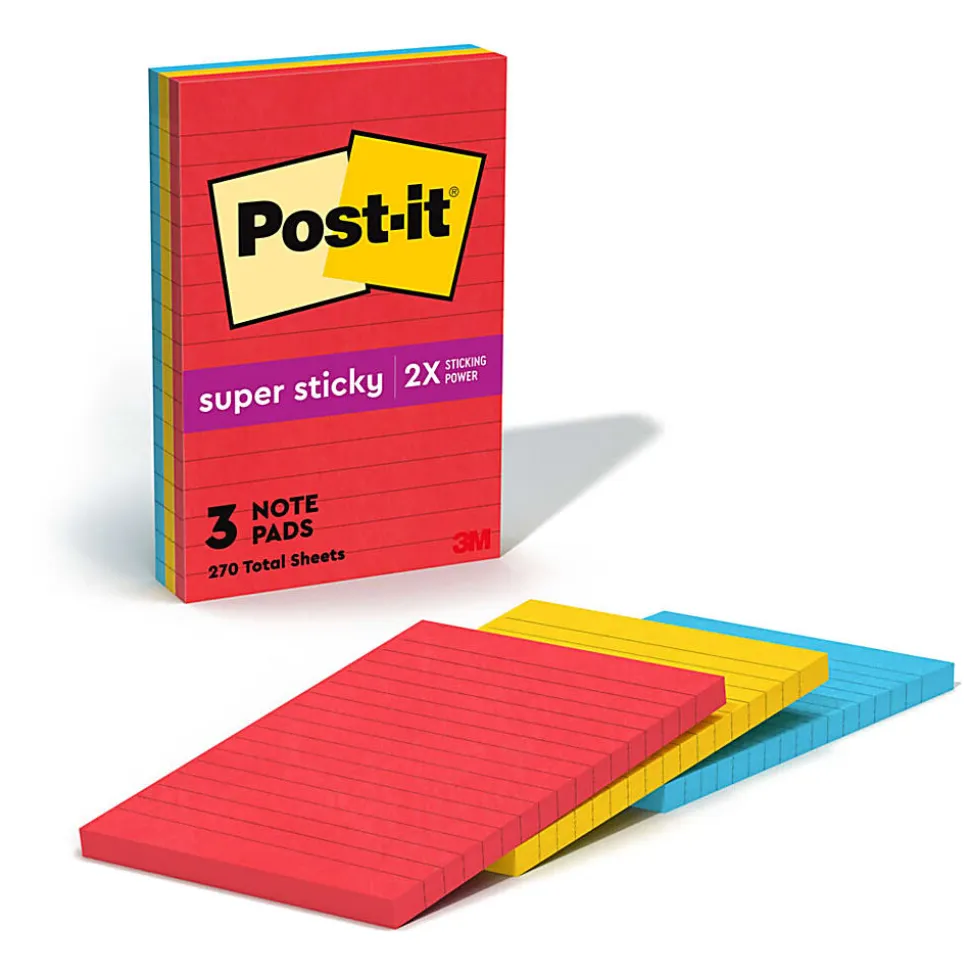 Post-it® Super Sticky Notes, 4" x 6", Playful Primaries Collection, Lined, 90 Sheets, Pack Of 3 Pads