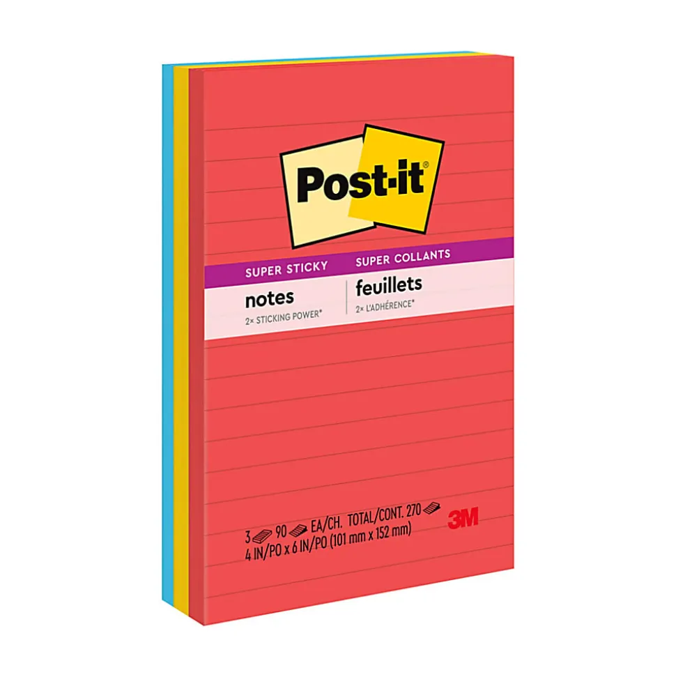 Post-it® Super Sticky Notes, 4" x 6", Playful Primaries Collection, Lined, 90 Sheets, Pack Of 3 Pads