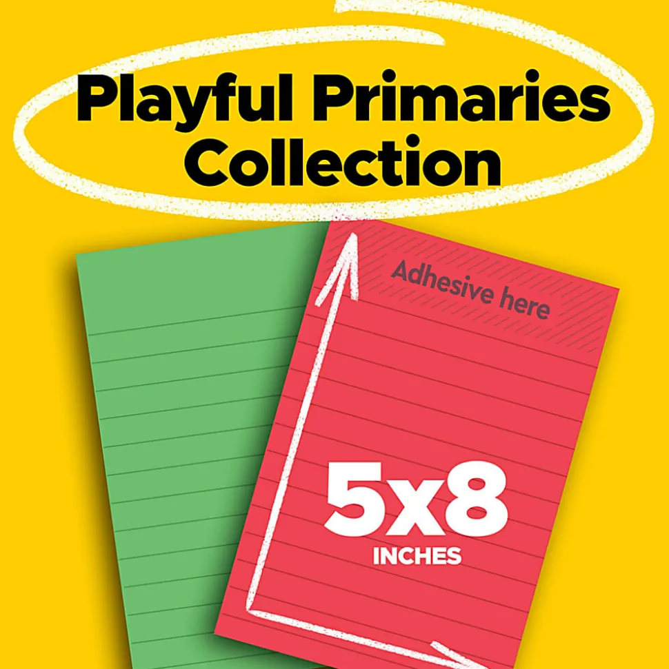Post-it® Super Sticky Notes, 5" x 8", Playful Primaries Collection, Lined, 45 Sheets, Pack Of 4 Pads