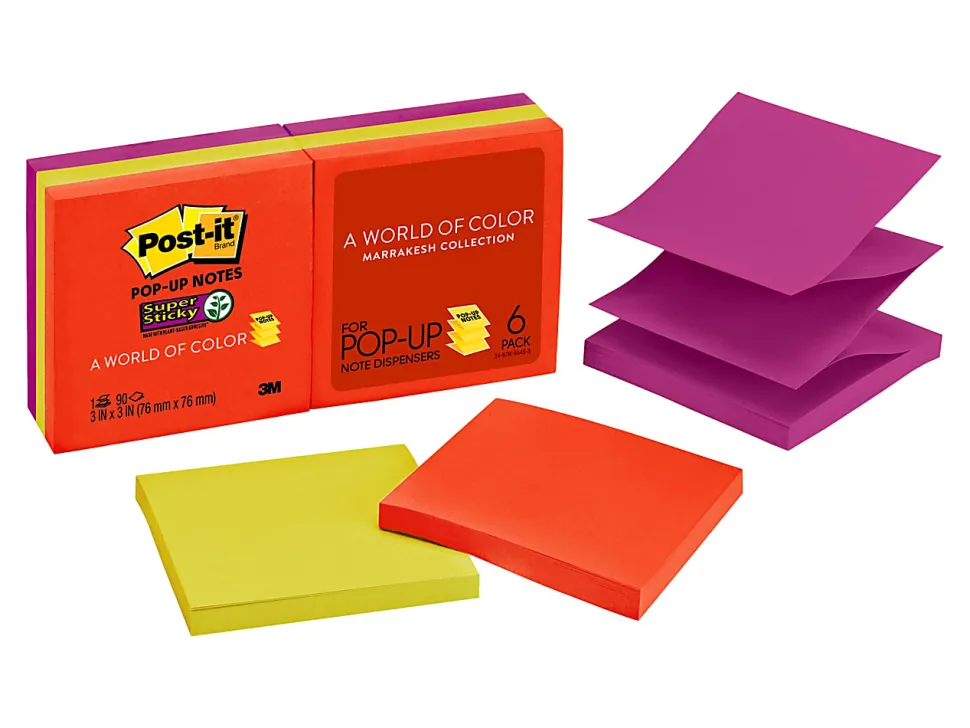 Post-it® Super Sticky Pop Up Notes, 3 x 3 in, 6 Sticky Note Pads, 90 Sheets/Pad, 2X the Sticking Power, School Supplies, Playful Primaries