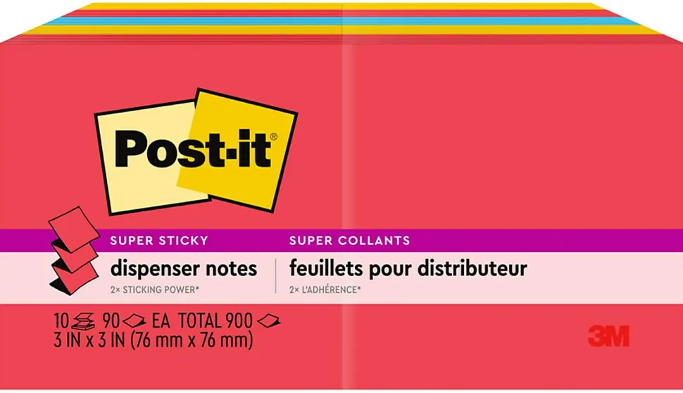 Post-it® Super Sticky Pop Up Notes, 3 x 3 in, 10 Sticky Note Pads, 90 Sheets/Pad, 2X the Sticking Power, School and Office Supplies, Playful Primaries