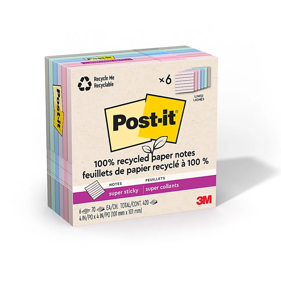 Post-it® Super Sticky 100% Recycled Paper Notes, 4 x 4 in, 6 Lined Sticky Note Pads, 70 Sheets/Pad, School and Office Supplies, Wanderlust Pastels