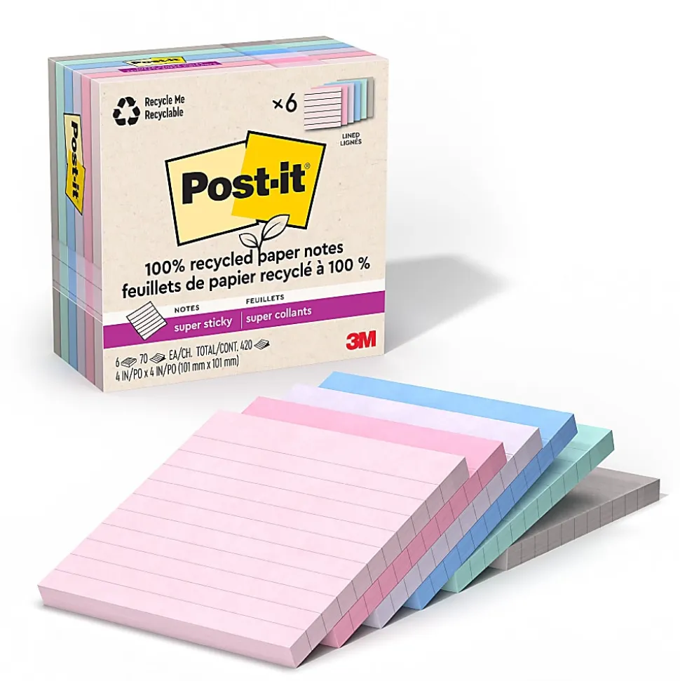 Post-it® Super Sticky 100% Recycled Paper Notes, 4 x 4 in, 6 Lined Sticky Note Pads, 70 Sheets/Pad, School and Office Supplies, Wanderlust Pastels